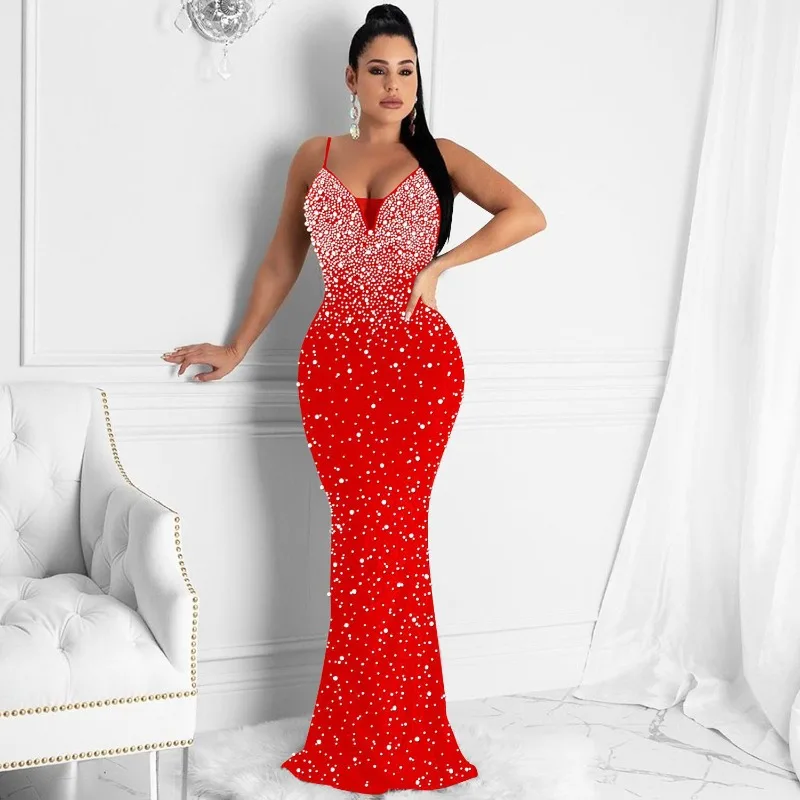 Briar Cosplay Prop - Elegantes Meerjungfrau-Maxikleid mit Kristall-Strasssteinen und Perlen